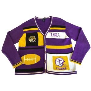 VTG Birch Bros LSU Tigers Cardigan Sweater Purple Gold Football Rugby Adult L